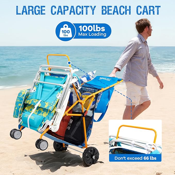 Old Bahama Bay Beach Cart with Large Wheels for Sand, Wide Wheelbase Beach Wagon with Insulated Cooler Bag, Body Board and Umbrella Holder | 100lb Capacity