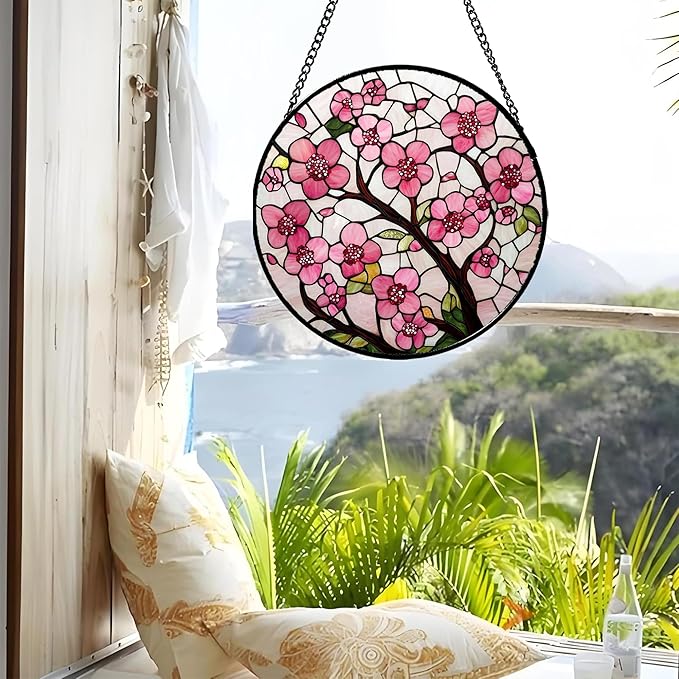Stained Glass Window Hanging - Cherry Blossoms Birth Flower Suncatcher for Door Garden Patio Sun Catchers Decor Christmas Mother's Day Birthday Gifts for Women Mom Nana Friend Wife 11.8 in