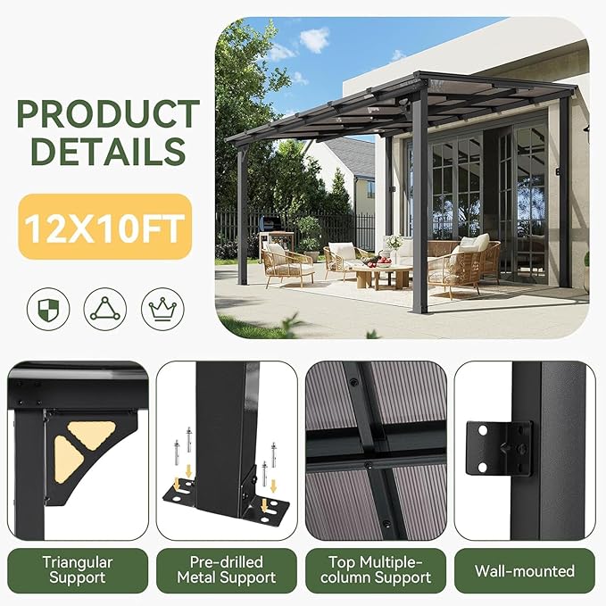 Aoxun 10' x 12' Gazebo for Patio, Gazebo Pergola with Sloped Roof, Large Wall-Mounted Heavy Duty Awnings, for Backyard, Deck, Patio (Gray Polycarbonate Panel)