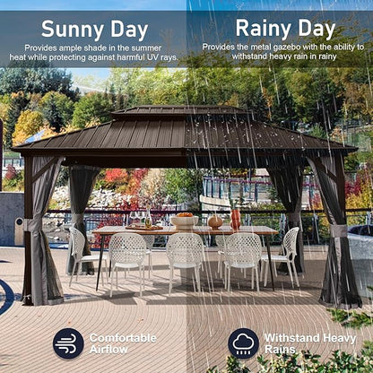 Domi Hardtop Gazebo 12x16FT, Aluminum Outdoor Gazebo with Galvanized Steel Double Roof Canopy, Curtains and Netting Included, Metal Gazebo Permanent Pavilion for Patio, Lawn, Garden, Brown