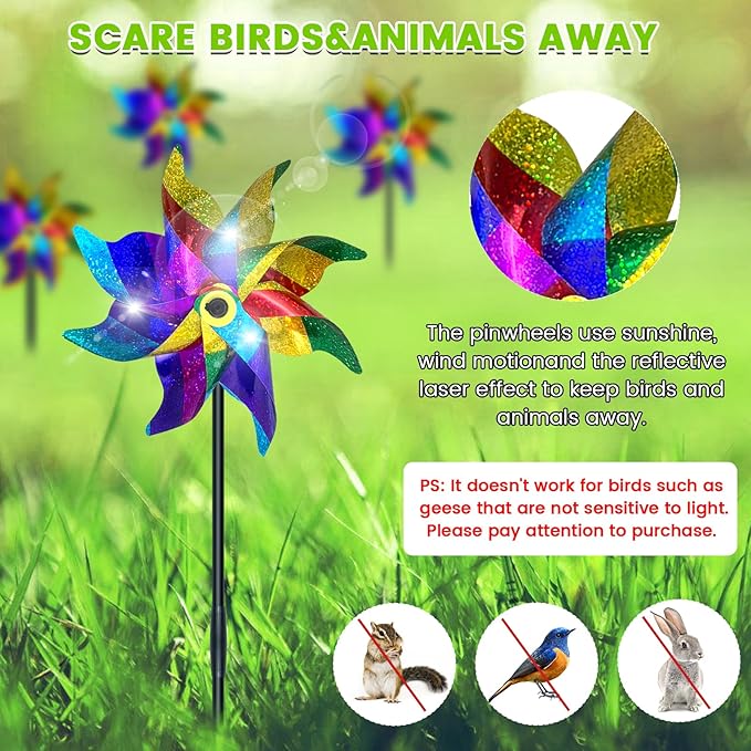 10 PCS Reflective Pinwheels for Yard and Garden Bird Devices Pre-Installed Sparkly Wind Spinner Deterrent to Scare Birds Away from Yard Patio Farm (Multicolor-1)