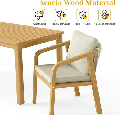 5-Piece Outdoor Dining Set for 4 with 23" Extra Wide Chair and Cushion，Patio Table and Chairs Set with All Acacia Wood Frame, All-Weather Outdoor Patio Furniture Set for Garden Lawn, Beige