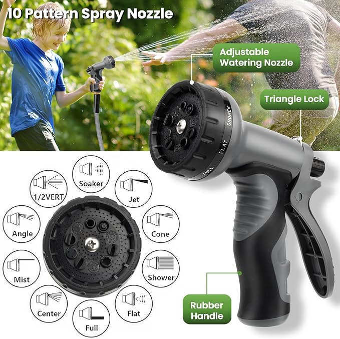 KLABB 36FT Garden Hose 5/8" with Solid Brass Connectors & 10-Function Nozzle, Lightweight Flexible PET Steel Hose with Adjustable Straps, No-Kink, Rustproof & Leak-Free for Garden & Outdoor Cleaning