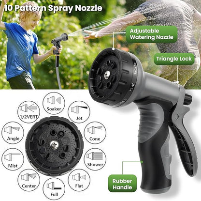 KLABB 36FT Garden Hose 5/8" with Solid Brass Connectors & 10-Function Nozzle, Lightweight Flexible PET Steel Hose with Adjustable Straps, No-Kink, Rustproof & Leak-Free for Garden & Outdoor Cleaning