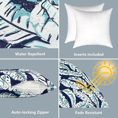 LVTXIII Outdoor Throw Pillows, Decorative Throw Pillows with Inserts, 16"x16" Square Pillows for Bed, Couch, Sofa and Patio Furniture, Set of 2, Baltic Palms White