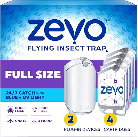 Zevo 2 Flying Insect Traps & 4 Refill Cartridges - Plug in Fly Trap & Indoor Bug Catcher for Gnats, House & Fruit Flies - Blue & UV Light Technology, Mess-Free Alternative to Bug Zapper