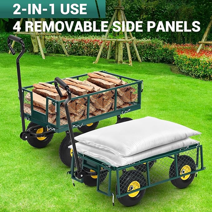 Heavy Duty Steel Garden Cart, 900 LBS 3 in 1 Pullable Metal Garden Wagon with 10" Wheels, 180° Rotating Handle and Removable Sides for Farm, Yard