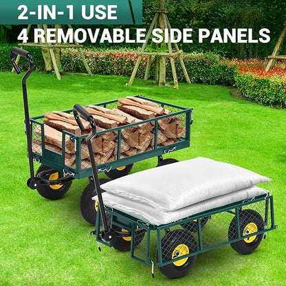 Heavy Duty Steel Garden Cart, 550 LBS Pullable Metal Garden Wagon with 10 in Wheels, 180° Rotating Handle and Removable Sides for Outdoor, Farm, Yard, Beach ﻿