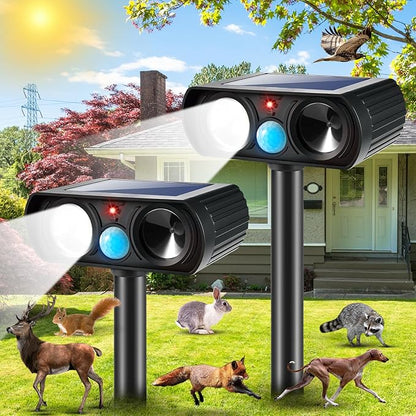 2Pack Solar Deer Repellent Device Ultrasonic Repellent Outdoor Solar Animal Repeller with LED Strober Light&Motion Sensor,2025 Cat Deterrent Outdoor to Scare Squirrel Raccoon Skunk Rabbit