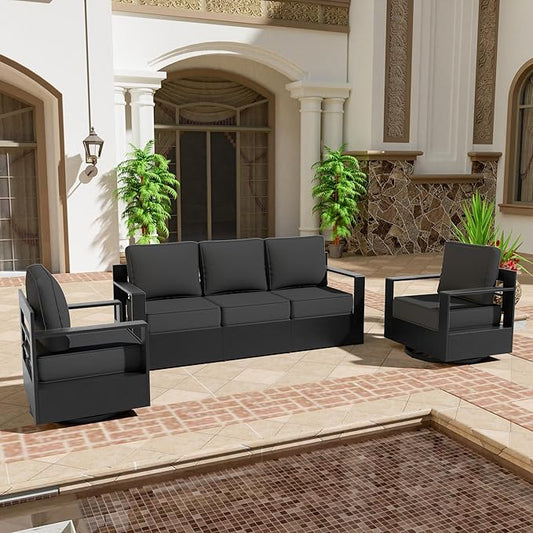 3 PCS Aluminum Patio Conversation Set - Outdoor 3-Seater Sofa, 2 360° Swivel Chair with 6" Thick Water-insistant Cushions, All-Weather Use Frame, Removable Cover, Ideal for Garden, Poolside (Grey)