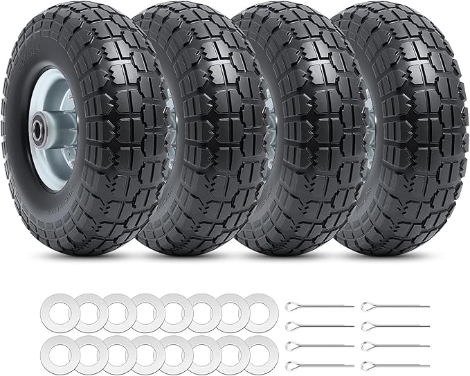4 PCS 10” Solid Tires, 4.10/3.50-4” Flat Free Tires and Wheels with 5/8” Axle Bore Hole and Double Sealed Bearings Compatible with Hand Truck Wheelbarrow Tire Lawn Mower Tire (Silver) P-092