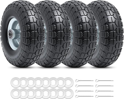 4 PCS 10” Solid Tires, 4.10/3.50-4” Flat Free Tires and Wheels with 5/8” Axle Bore Hole and Double Sealed Bearings Compatible with Hand Truck Wheelbarrow Tire Lawn Mower Tire (Silver) P-092