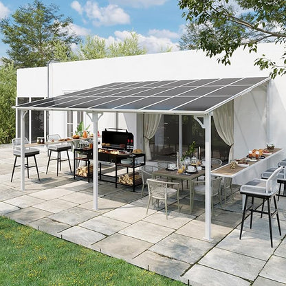 MEISSALIVVE 12' x 16' Wall Mounted Gazebo, Outdoor BBQ Grill Gazebo with Side Shelf, Lean to Metal Awnings with Sloped Roof, Heavy Duty Pergola for Backyard, Deck, White