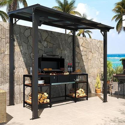 MEISSALIVVE 8' x 5' Gazebo Outdoor Pergola for Patio, Small Wall Mounted Lean to Metal Awnings with Sloped Roof, Heavy Duty Awnings for Patio, Decks, Backyard, Black