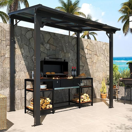 MEISSALIVVE 8' x 5' Gazebo Outdoor Pergola for Patio, Small Wall Mounted Lean to Metal Awnings with Sloped Roof, Heavy Duty Awnings for Patio, Decks, Backyard, Black