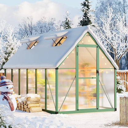 6x11 FT Outdoor Greenhouse, Polycarbonate Greenhouse with Roof Vent and Ground Nails, Aluminum Large Walk-in Green House w/ Lockable Push Door for Outside Garden Backyard (Green, 6x11 FT)