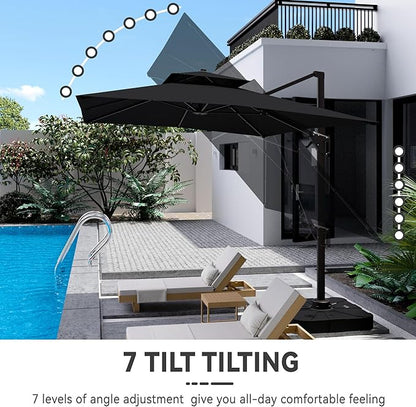 10x13 FT Cantilever Patio Umbrella Double Top Outdoor Rectangular Large Heavy Duty Aluminum Offset Umbrellas with 7 Level Tilt 360-degree Rotation for Pool Garden Deck, Black