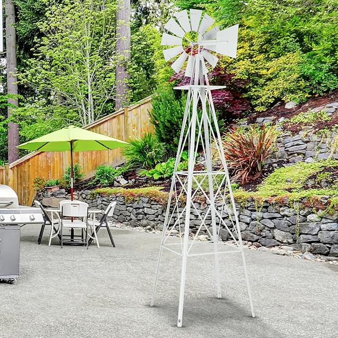 Garden Windmill for Yard Decor, 8 ft Tall Metal Windmill with Spinning Blades, Weather-Resistant Outdoor Windmill for Lawn, Farmhouse, Rustic & Farm Decor,White