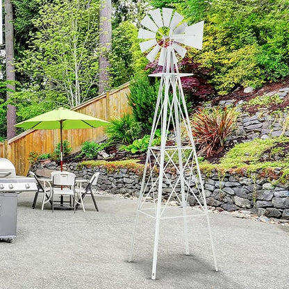 Garden Windmill for Yard Decor, 8 ft Tall Metal Windmill with Spinning Blades, Weather-Resistant Outdoor Windmill for Lawn, Farmhouse, Rustic & Farm Decor,White