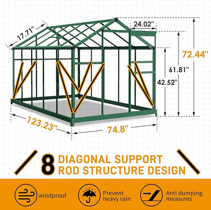 VINGLI 6x10 FT Greenhouse for Outdoors, Twin-Wall Translucent Heavy Duty Polycarbonate Greenhouse Kit with 5 Roof Vents, Weather Resistance for Plants Protection, for Home Gardening (Green, 6x10 FT)