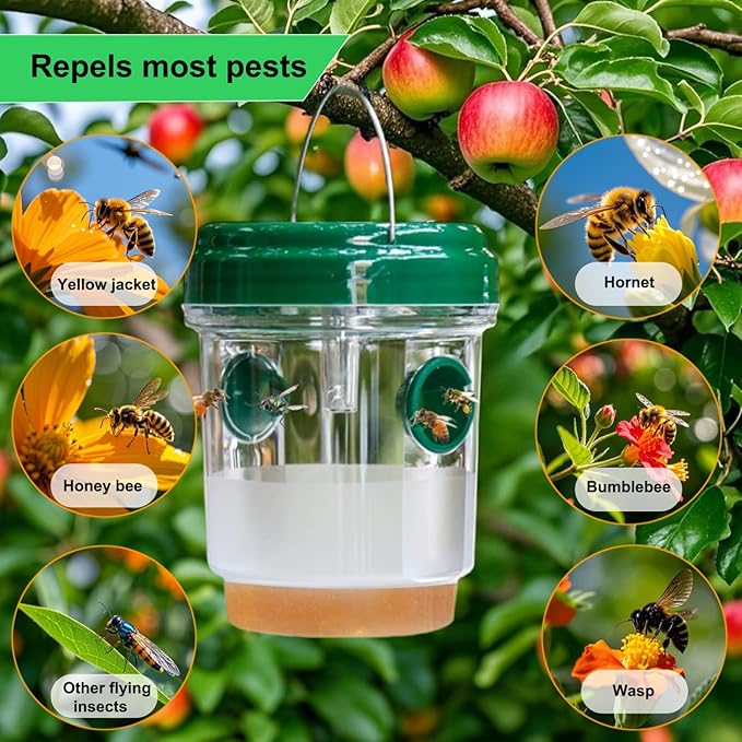 3 Pack Wasp Traps Outdoor Hanging, Solar Bee Trap for Outside with LED Light, Hornet Deterrent, Yellow Jacket Catcher, Reusable for Garden, Orchard, Indoor