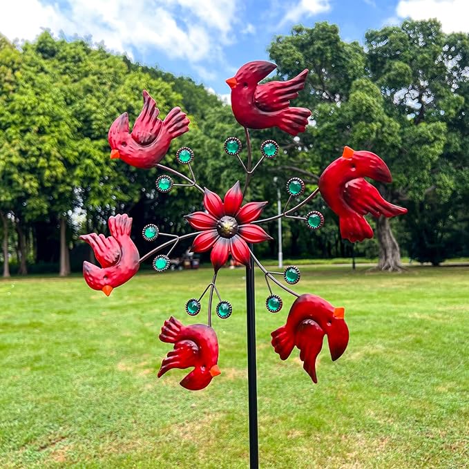 Cardinal Red Bird Wind Spinner Garden Decor, 48 Inch Metal Yard Spinner Sculpture for Patio Lawn & Outdoor Decorations