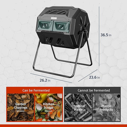East Oak Compost Tumbler Outdoor, 43-Gal Dual Chamber Compost Bin with 2 Sliding Door and Aeration System, Tumbling Rotating Composter Bin for Garden, Kitchen, Yard