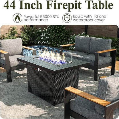 LayinSun 5 Piece Aluminum Outdoor Furniture Set with Fire Pit Table, Outside Patio Deep Seating Conversation Set with Upgraded Washable Thick Cushion