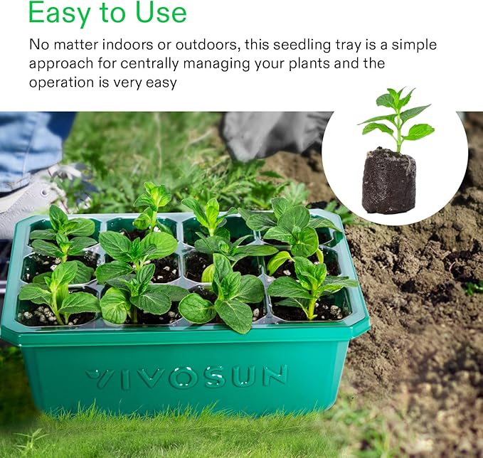 VIVOSUN 12-Pack Seed Starter Trays, 144-Cell Seed Starter Kit with Humidity Dome, Flat Reusable Plant Germination Trays with Drain Hole, Green Propagation Tray for Planting Seeds