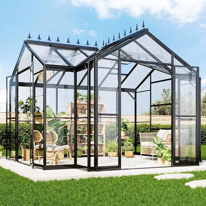 AMERLIFE 12x10x8 FT Hybrid Polycarbonate Greenhouse, Quick-Connect Aluminum Frame, Dual Roof Vents & Double Doors, Walk-in Backyard Greenhouse with Gutters, Black