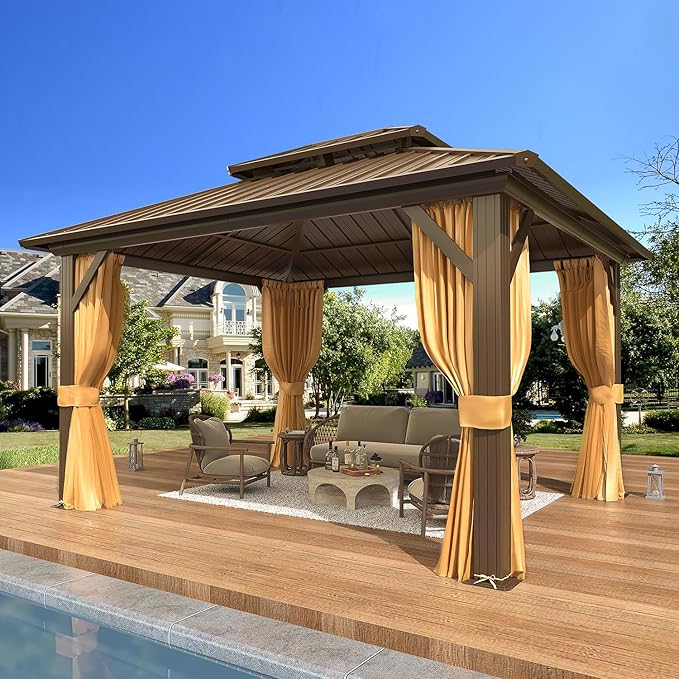 EROMMY 10' x 12' Hardtop Gazebo, Aluminum Frame Gazebos with Galvanized Steel Double Roof, Permanent Outdoor Metal Pavilion with Curtain and Netting for Patio, Lawn, Deck