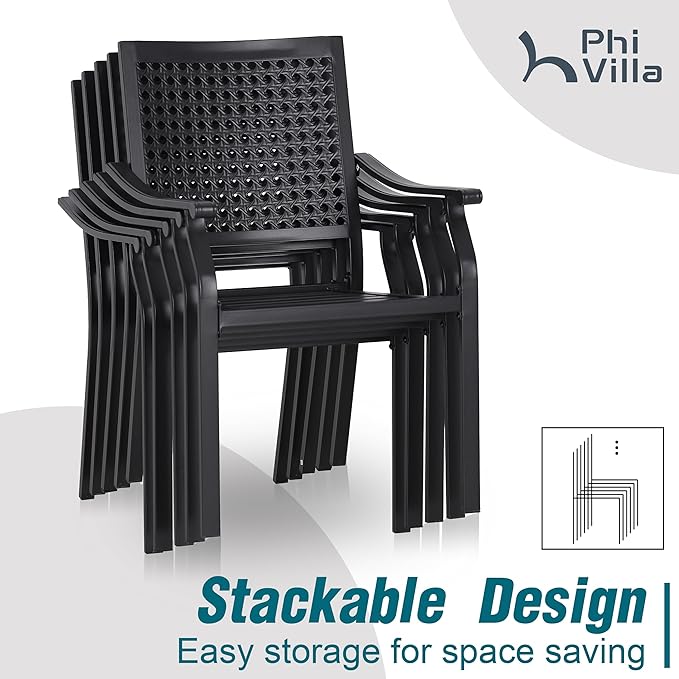 PHI VILLA 5 Pieces Outdoor Round Dining Set for 4, Steel Circle Table with Umbrella Hole & Stacking Wrought Iron Chairs, Modern Dining Furniture Set for Patio, Deck, Yard, Porch