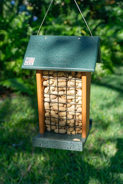 DutchCrafters Plastic Poly Hanging Whole Peanut Bird Feeder for Large Birds, Woodpeckers, Crows, Blue Jays for Outdoor, Garden, Yard - USA Amish Made (Turf Green & Cedar)