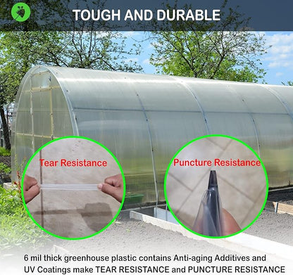 6 mil (12ft x 25ft) 100% Virgin Material. 5Layers Advanced Extrusion Technology for UV Protection, Anti-drip, Anti-Fog, Thermal and Strength. 4Years Lifetime UV Resistant Greenhouse Plastic