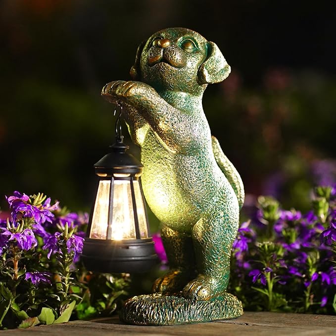 Dog Statue with Solar Lantern - 9.84 Inch Resin Solar Outdoor Lawn Yard Garden Decor - Unique Design Gifts for Women Mom Men (Copper)