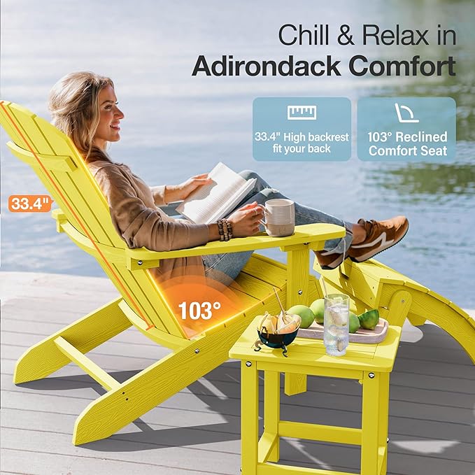 YEFU Adirondack Chairs Set of 4: Outdoor Chair HIPS Plastic Adirondack Chairs - Patio Chairs with Wood Texture - Lawn Fire Pit Deck Porch Garden Chairs for Adults (Yellow)
