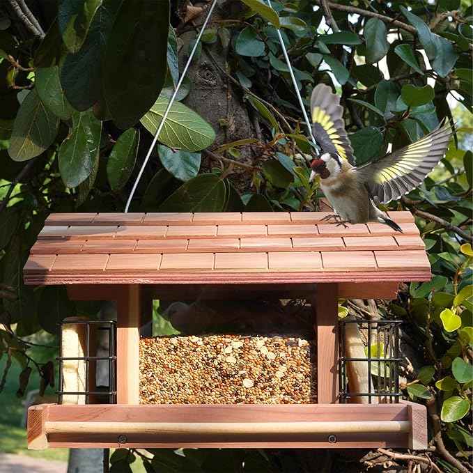 Large Cedar Wood Bird Feeder for Outdoors Hanging With 2 Suet Cages - Waterproof Garden Decoration