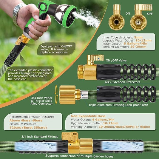 Non-Expandable Garden Hose 100 ft, Ultra Lightweight Flexible Water Hose with 10-Pattern Nozzle, Leak-Proof, High-Density Fabric, Thickened Connector, Shut-Off Valve for Yard, Lawn, Outdoor