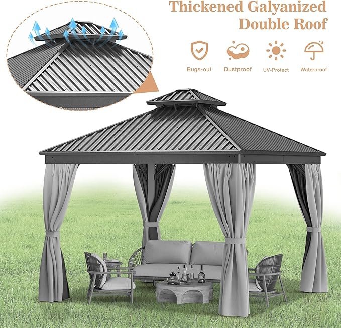 WKM 10x10 FT Hardtop Gazebo with Heavy Duty Galvanized Steel Double Roof, Aluminum Frame Permanent Pavilion with Curtains and Netting, Outside Canopy Gazebo for Patio, Deck and Backyard, Grey