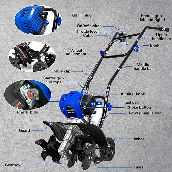 BILT HARD 46cc 4-Cycle 1.9HP Gas Powered Tiller Cultivator - 16" Heavy-Duty Steel Tines Rototiller, Adjustable Wheels & Cushioned Handle Grips for Plowing, Tilling, Weeding in Garden, Farm