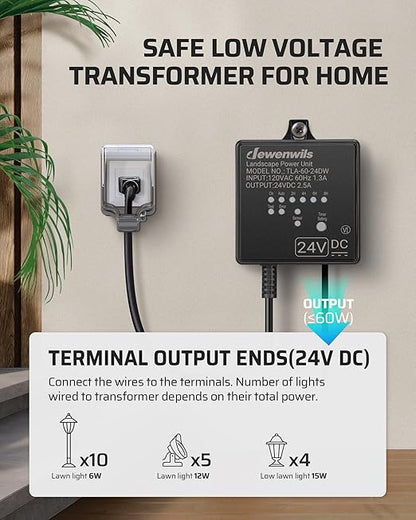 DEWENWILS Low Voltage Landscape Transformer, 60W 120V AC to 24V DC, Landscape Lighting Transformer with Timer & Photocell Sensor, Outdoor Weatherproof for LED Lights, Spotlights, Pathway Lights