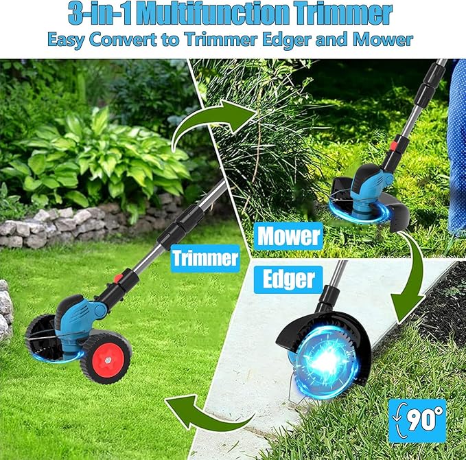 Electric Weed Wacker Cordless Eater Battery Powered Eater Lightweight Edger Portable Stringless Grass Trimmer/Lawn Mower/Brush Cutter, with 3 Types Blades & Wheels for Yard and Garden-Blue