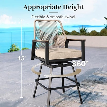 Outdoor Swivel Bar Stools Set of 6, Rattan High Top Patio Chairs with Waterproof Cushion and Armrest, All-Weather Bar Height Furniture for Outside Patio Balcony and Pool, Beige
