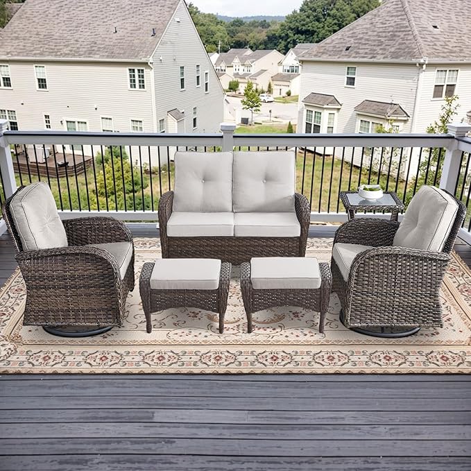 Outdoor Swivel Glider Rocker Chairs Set- 6 Piece Patio Furniture Set with A Glider Loveseat, Tempered Glass Side Table and 2 Ottoman, for Balcony, Porch - Brown Wicker, Beige Cushion