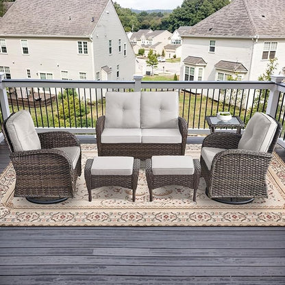 Outdoor Swivel Glider Rocker Chairs Set- 6 Piece Patio Furniture Set with A Glider Loveseat, Tempered Glass Side Table and 2 Ottoman, for Balcony, Porch - Brown Wicker, Beige Cushion