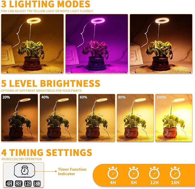 GooingTop LED Grow Light, Halo Plant Lamp for Indoor Plants Growing, White Low Light for Succulents Mini Small Plants Growth,Upgrade Timer 4/8/12/18 Hrs & Variable Spectrum,1 Pack