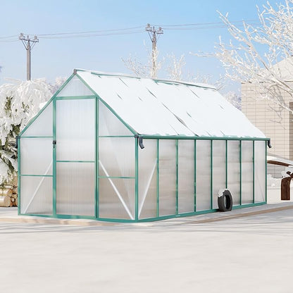 8X16 ft Polycarbonate Greenhouse with Aluminum Frame, Polycarbonate Greenhouse for Outdoors, Greenhouses with Ventilation and Rain Gutter, Aluminum Large Walk-in Greenhouses for Outside