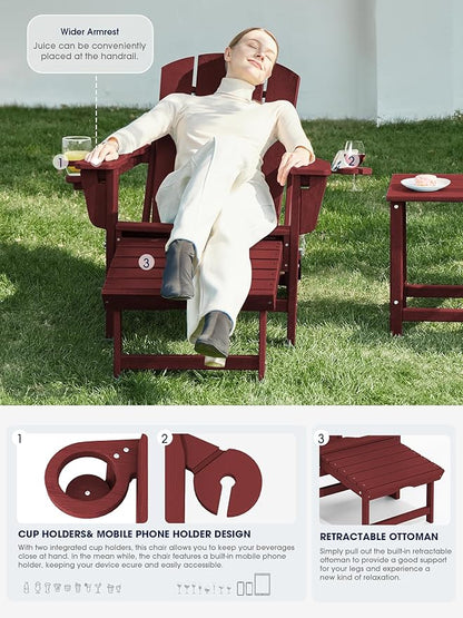 KINGYES Folding Adjustable Adirondack Chair with Ottoman & 2 Cup Holders Set of 2, HDEP Reclining Adirondack Chair with Footrest, Red