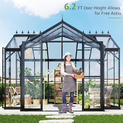 AMERLIFE 12x10x8 FT Hybrid Polycarbonate Greenhouse, Quick-Connect Aluminum Frame, Dual Roof Vents & Double Doors, Walk-in Backyard Greenhouse with Gutters, Black