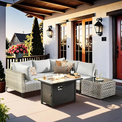 Outdoor Sectional Patio Furniture Set with Fire Pit Table and Glowing Table,6 Pieces Wicker Conversation Sets L Shaped Couch Out Door Sofa Set Outside Furniture for Garden Deck Yard,Grey